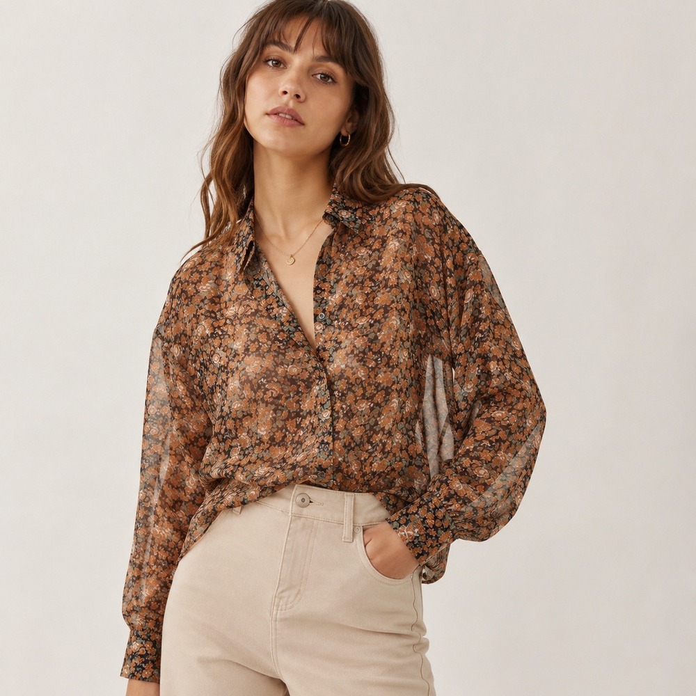 Free People Floral Button Down Shirt M Brown Orange Sheer Earthy Boho Cottage